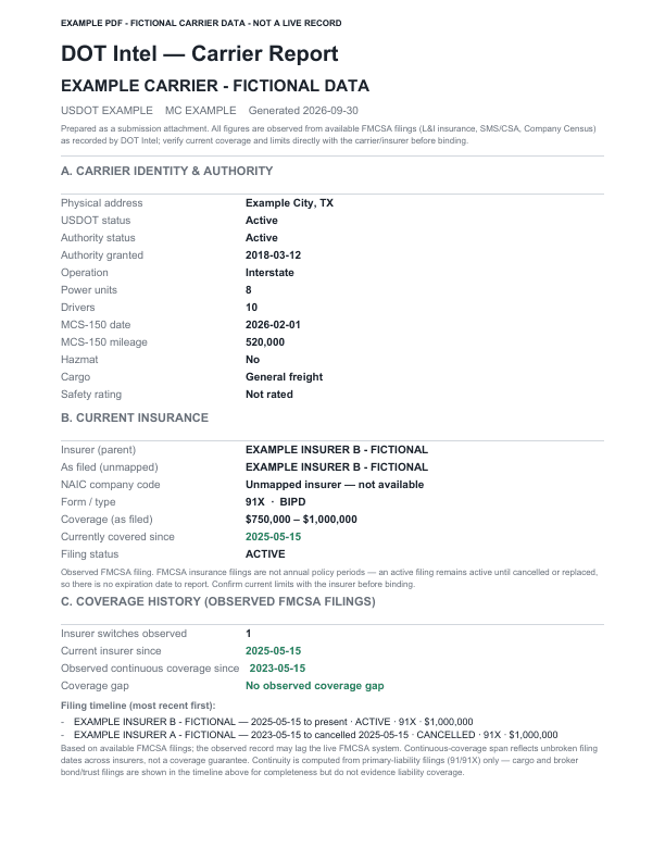 Fictional carrier-report PDF example showing the actual report layout.
